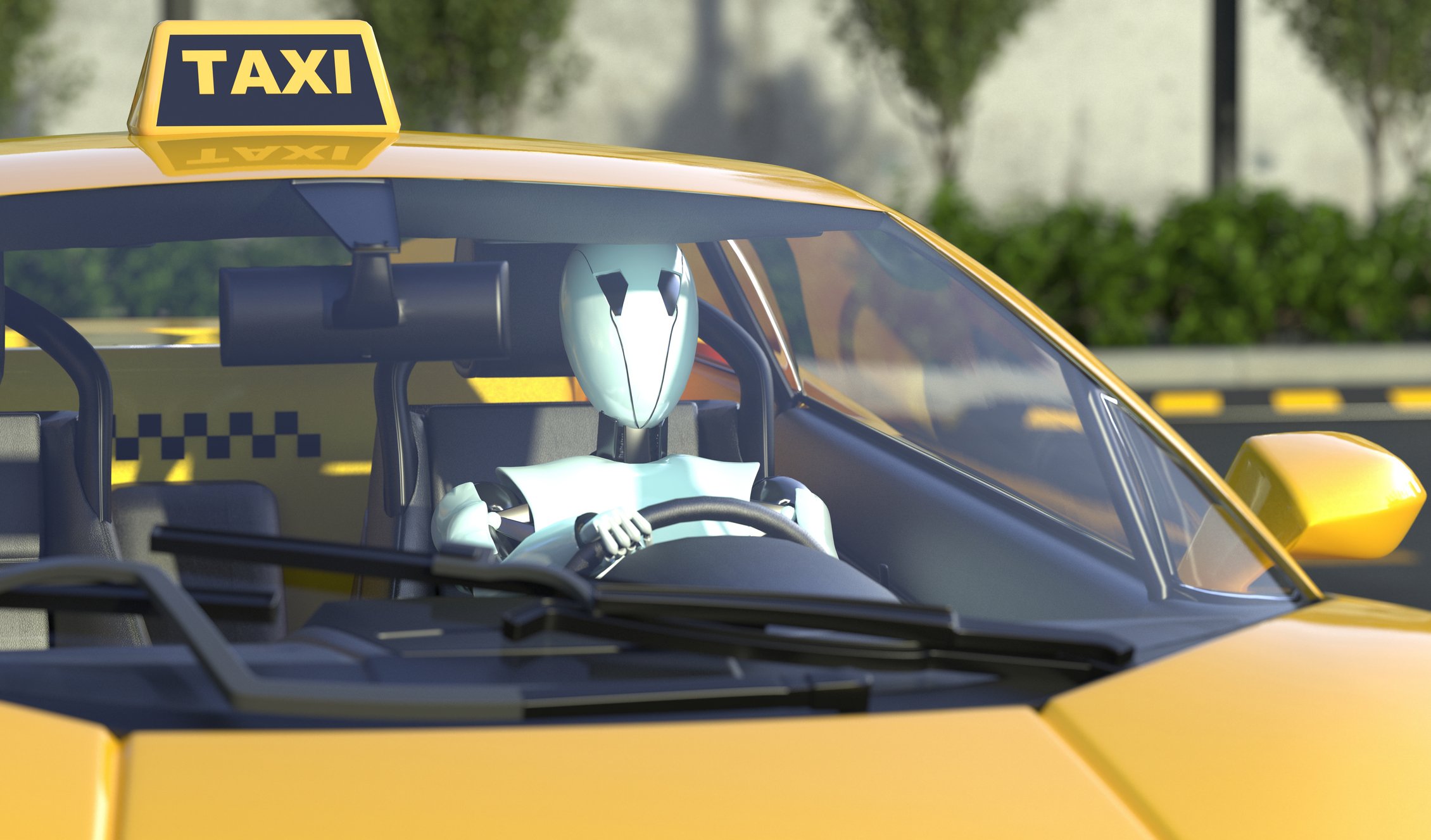 Robot driving a yellow taxi cab