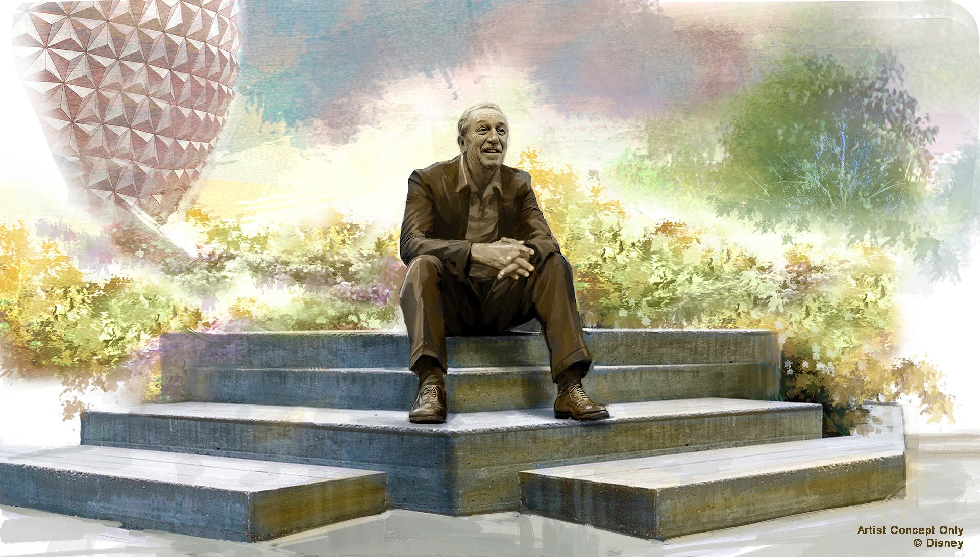 Statue of Walt Disney sitting on steps in front of Epcot Center.