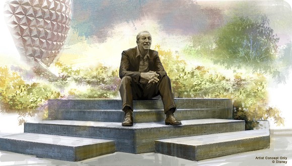 Statue of Walt Disney sitting on steps in front of Epcot Center.
