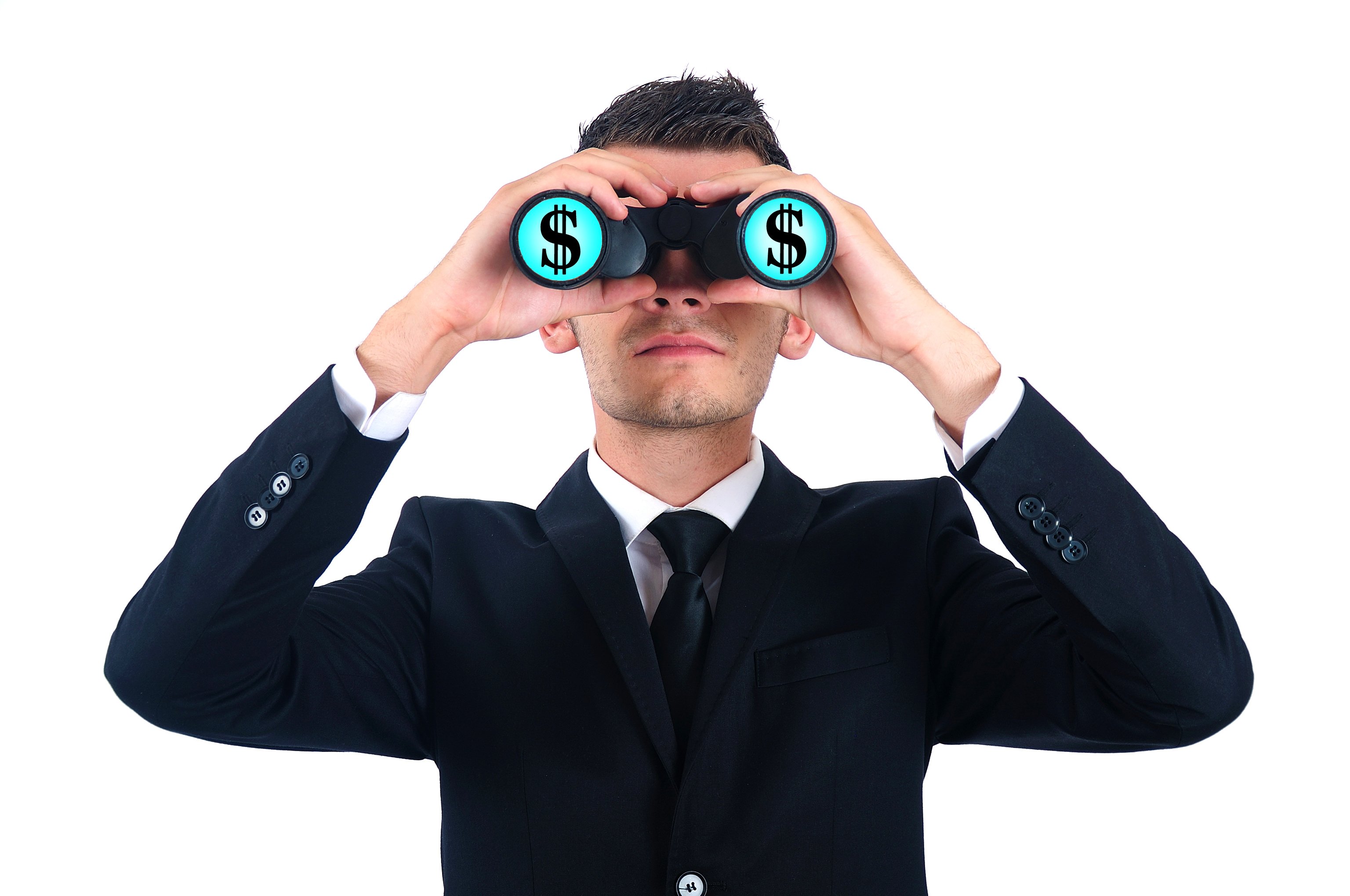 Man wearing a coat and tie holding binoculars with dollar signs in the lenses