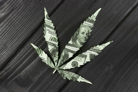 A marijuana leaf made out of U.S. currency