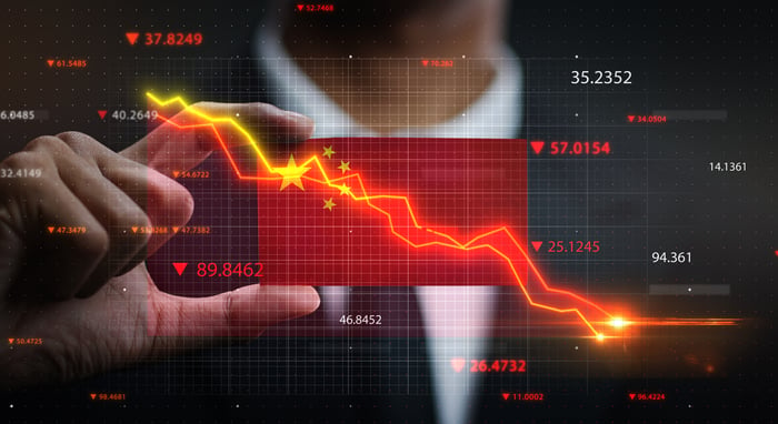 A businessman holds a Chinese flag with a declining stock chart in the foreground.