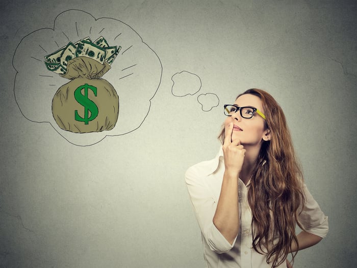Woman with a bag of dollar bills in thought bubble over her head.