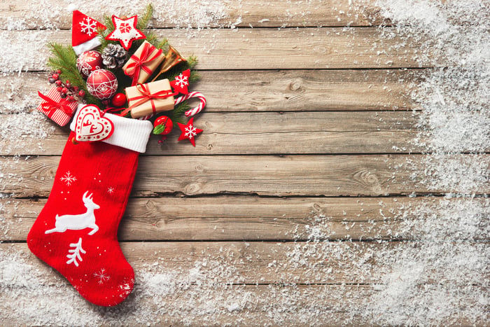 Christmas stocking on a wood background