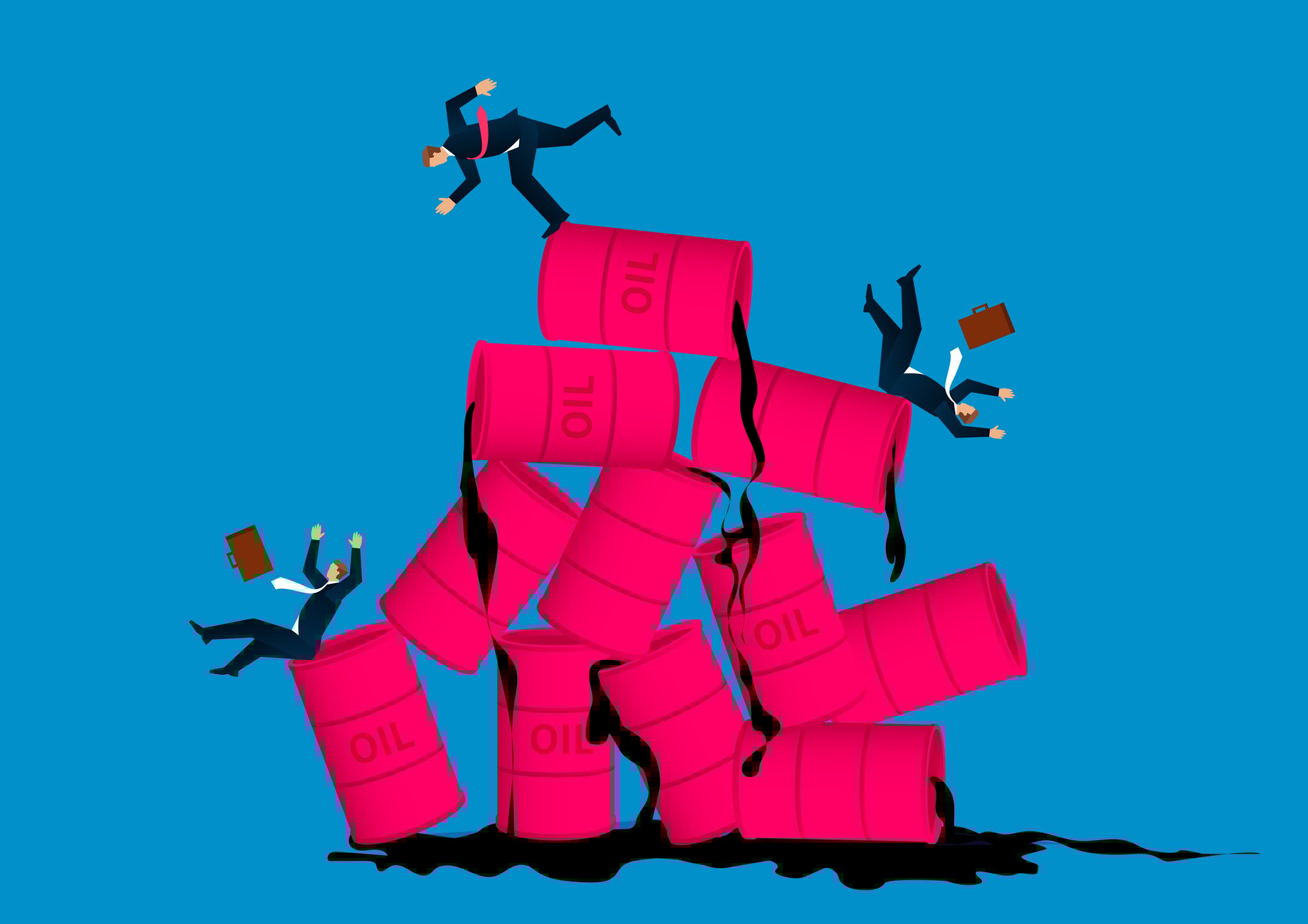 Oil barrels toppling with animated people on top. 