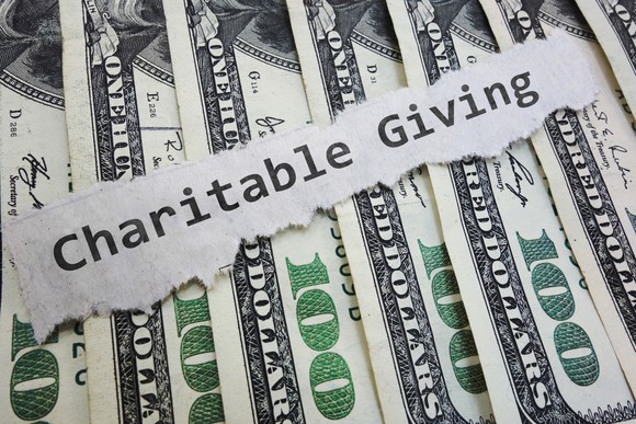 Charitable contribution paper message on hundred dollar bills. 