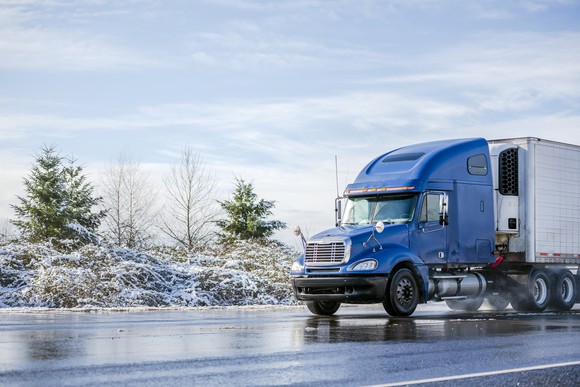 Semi truck on snowy road