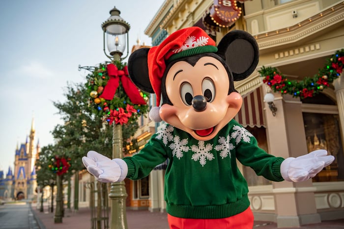 Mickey Mouse dressed in holiday attire at Disney World's Magic Kingdom.