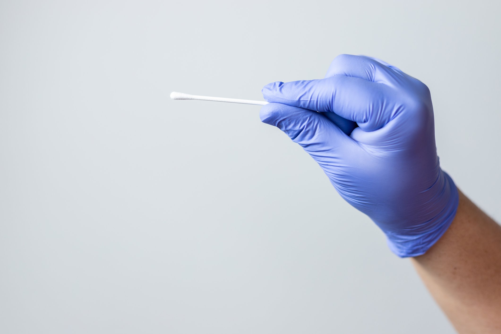 Gloved hand holding a swab sample.