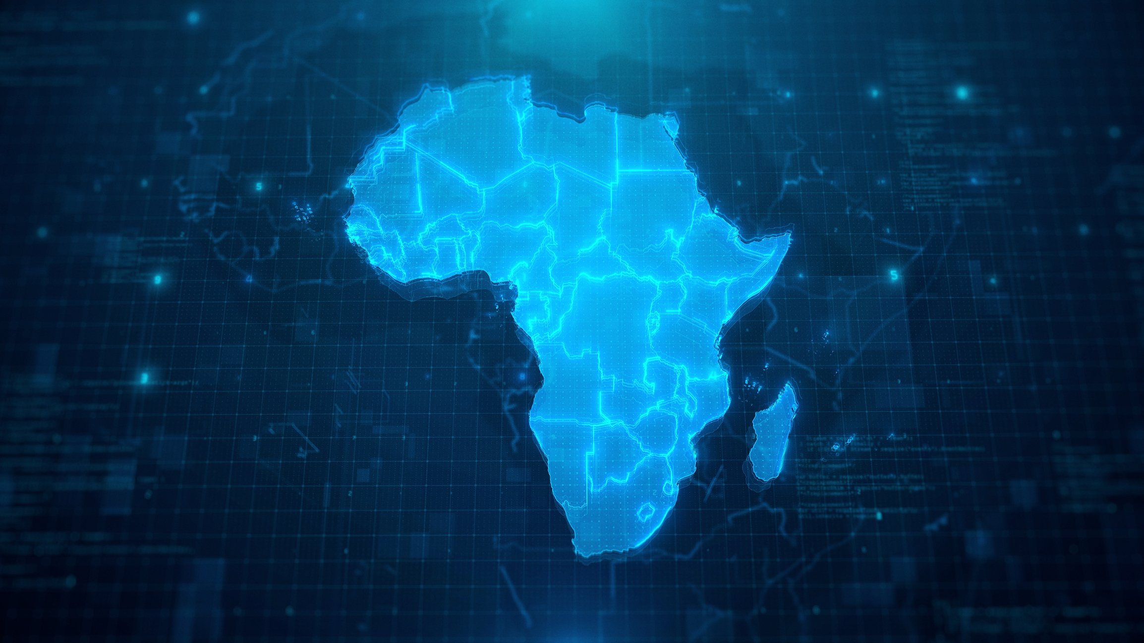 A map of Africa on a blue digital background.
