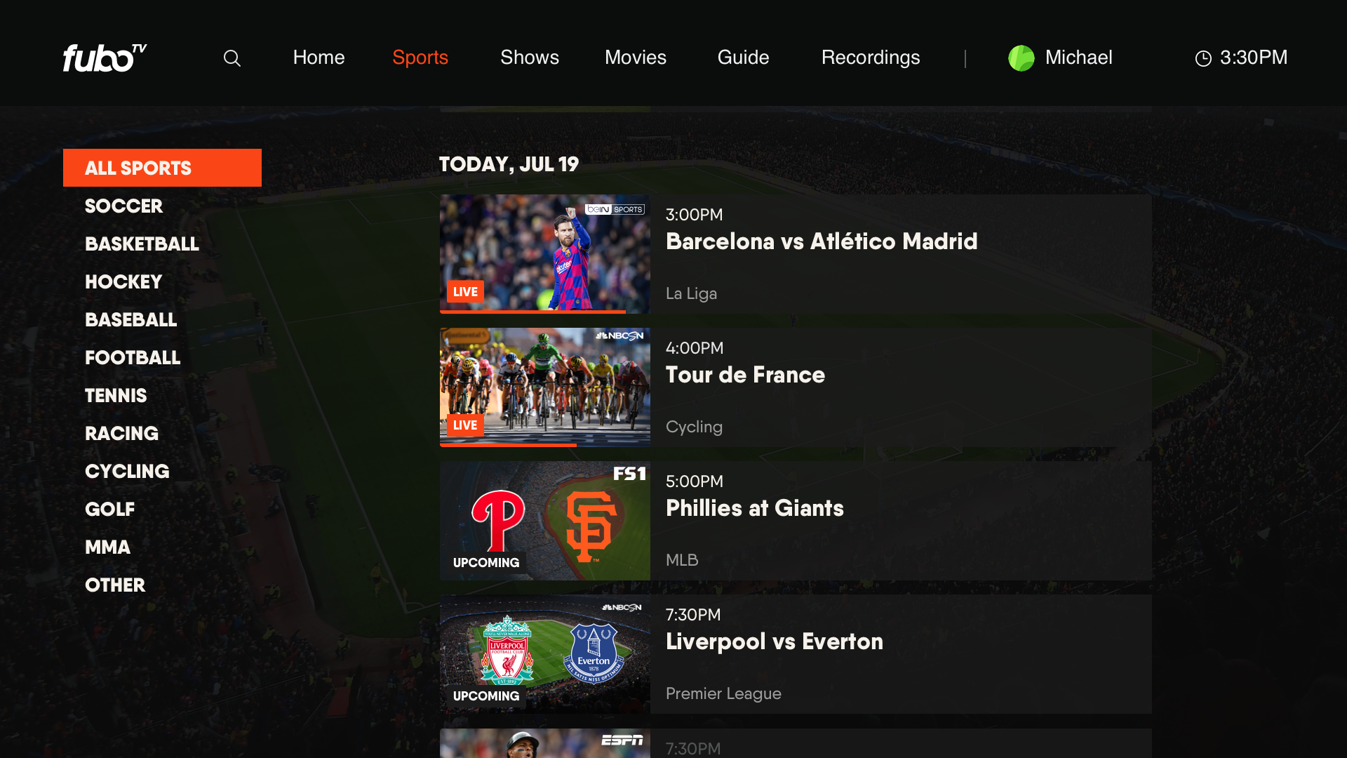 fuboTV interface on a smart TV