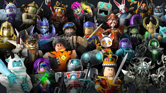 A jumble of Roblox characters and items.