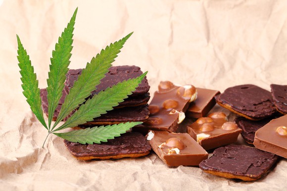 Cannabis infused chocolates and a marijuana leaf