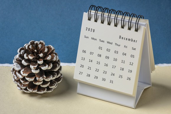 Small desk calendar with December 2020 open, along with a pine cone.