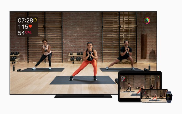 Apple's fitness service displayed on a TV, iPad, iPhone, and Apple Watch