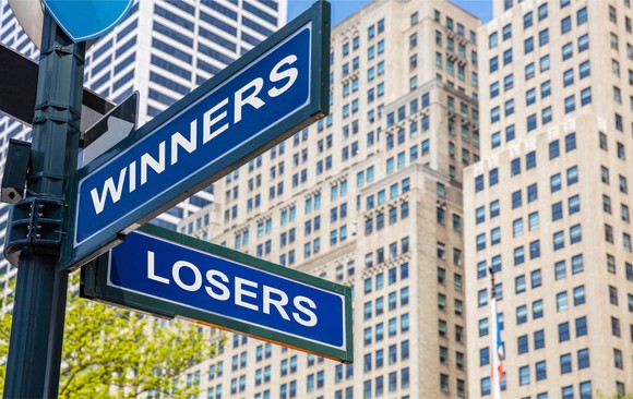 An intersection sign points to streets named winners and losers. 