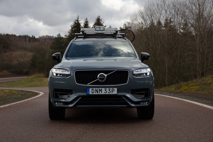 A Volvo test vehicle with Luminar sensors on a roof rack.