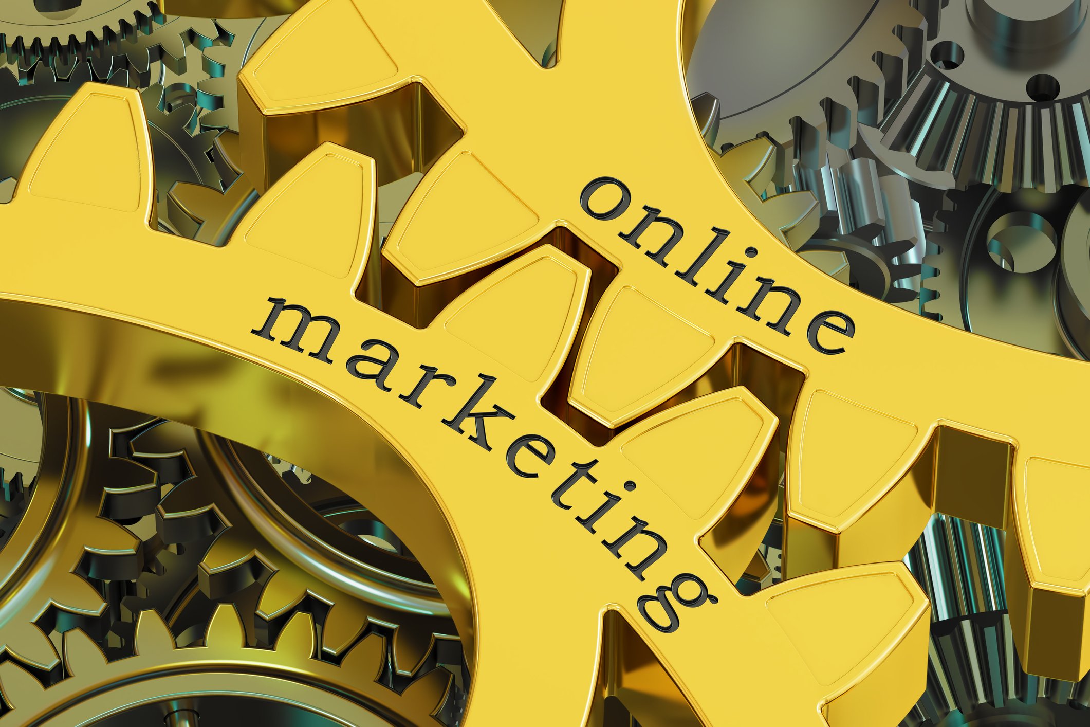 A set of gears labeled "online marketing." 
