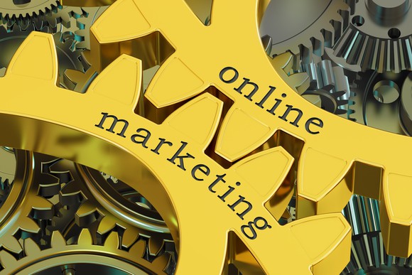 A set of gears labeled "online marketing." 