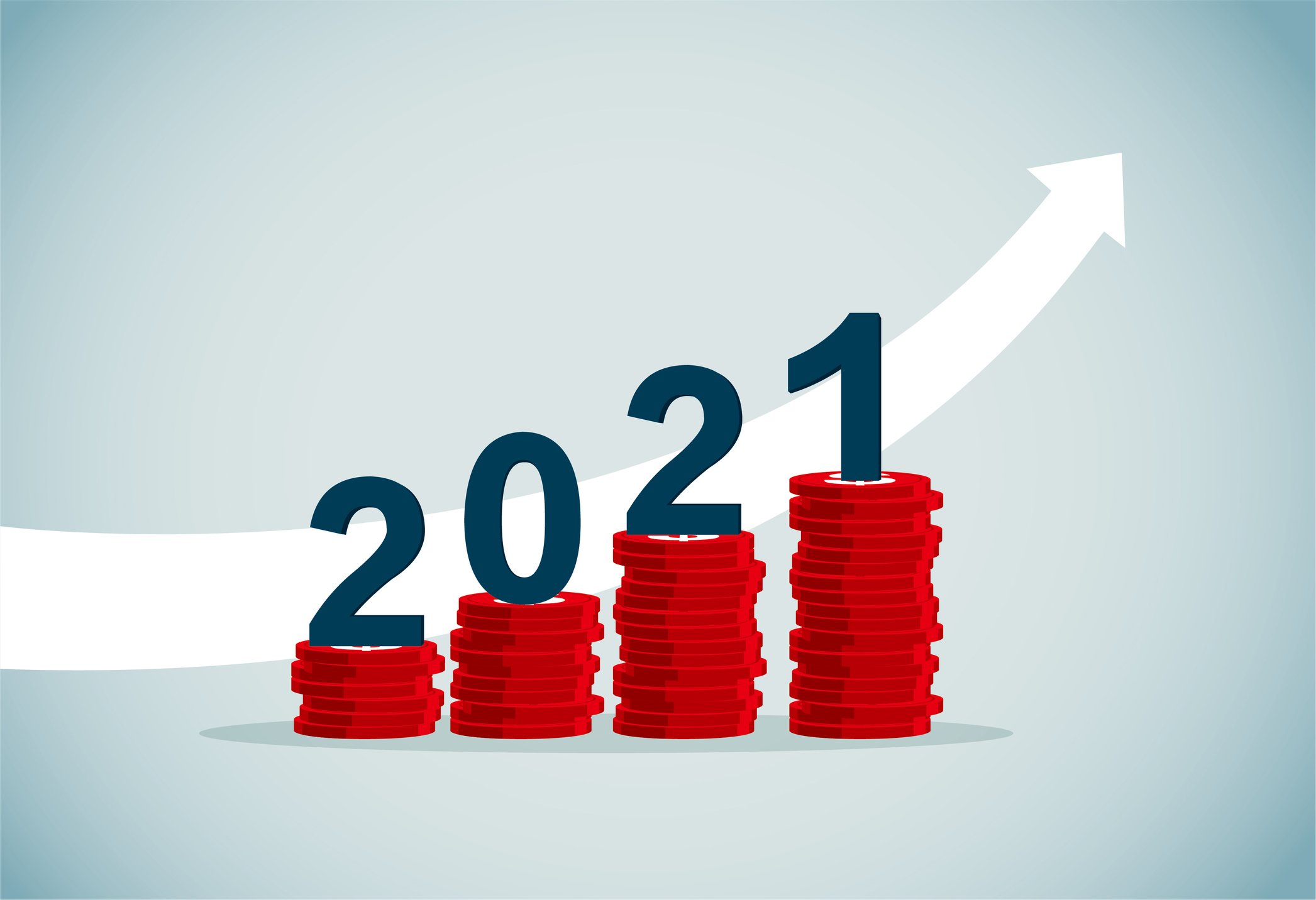 A '2021' sign on top of rising stacks of poker chips.