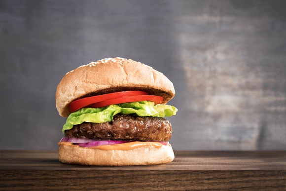 A hamburger made with Beyond Beef from Beyond Meat.