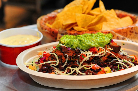 A burrito bowl meal from Chipotle. 