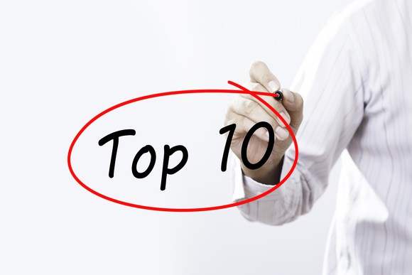 Man using a red marker to circle "Top 10" on a window