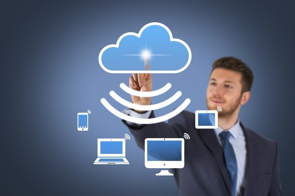 A businessman pressing a digital cloud, which is connected to multiple wireless devices. 