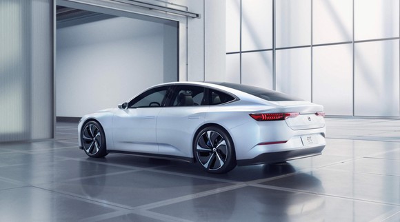 The NIO ET7 show car from 2019, a sleek white electric sedan. 