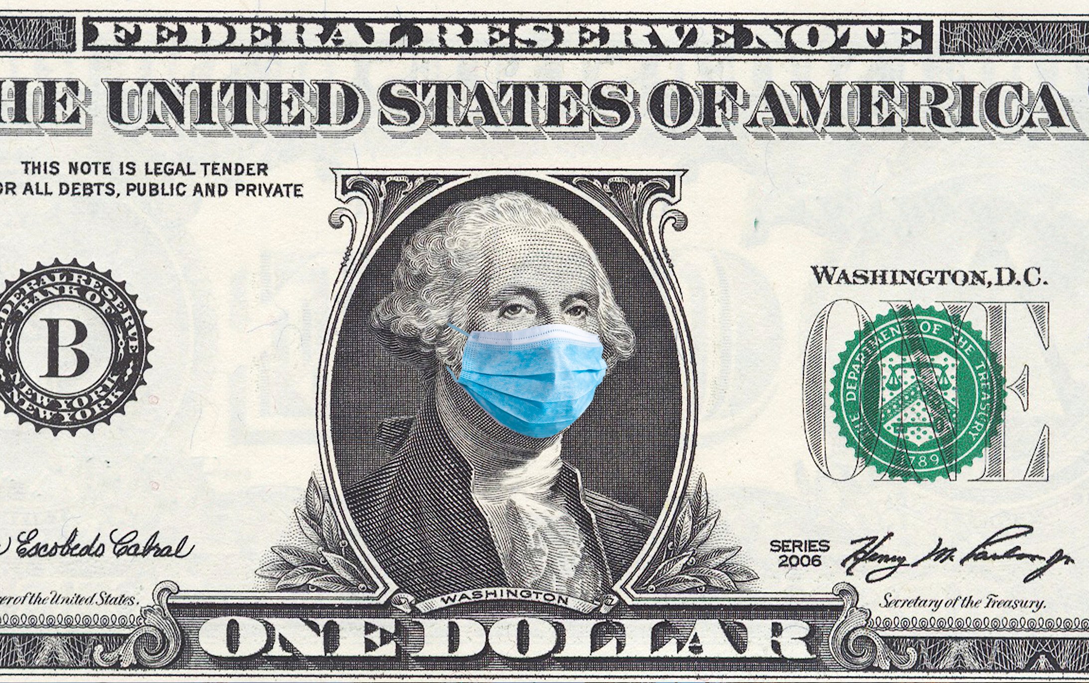 A one-dollar bill featuring George Washington wearing a mask.