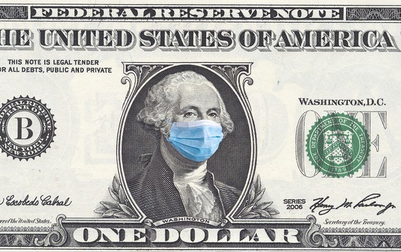A one-dollar bill featuring George Washington wearing a mask.