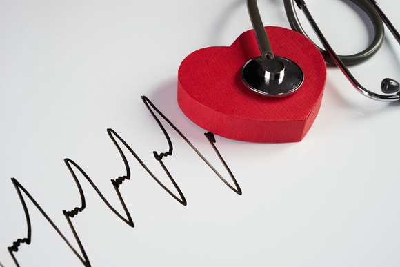 Stethoscope and red heart with cardiogram pattern