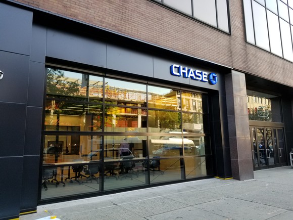 The exterior of a JPMorgan Chase branch in a city