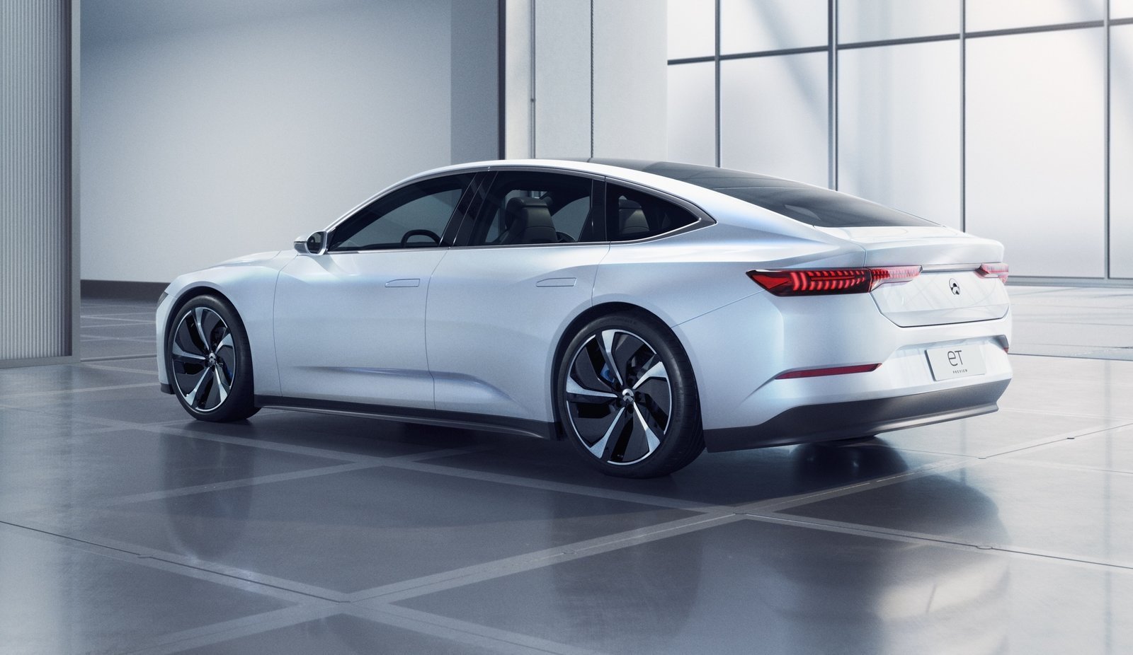 The NIO ET Preview show car, a sleek white electric sedan. 