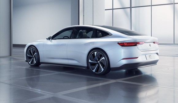 The NIO ET Preview show car, a sleek white electric sedan. 