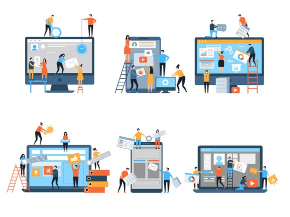 Tiny sized cartoon people working together to build a website on a computer screen and mobile device.