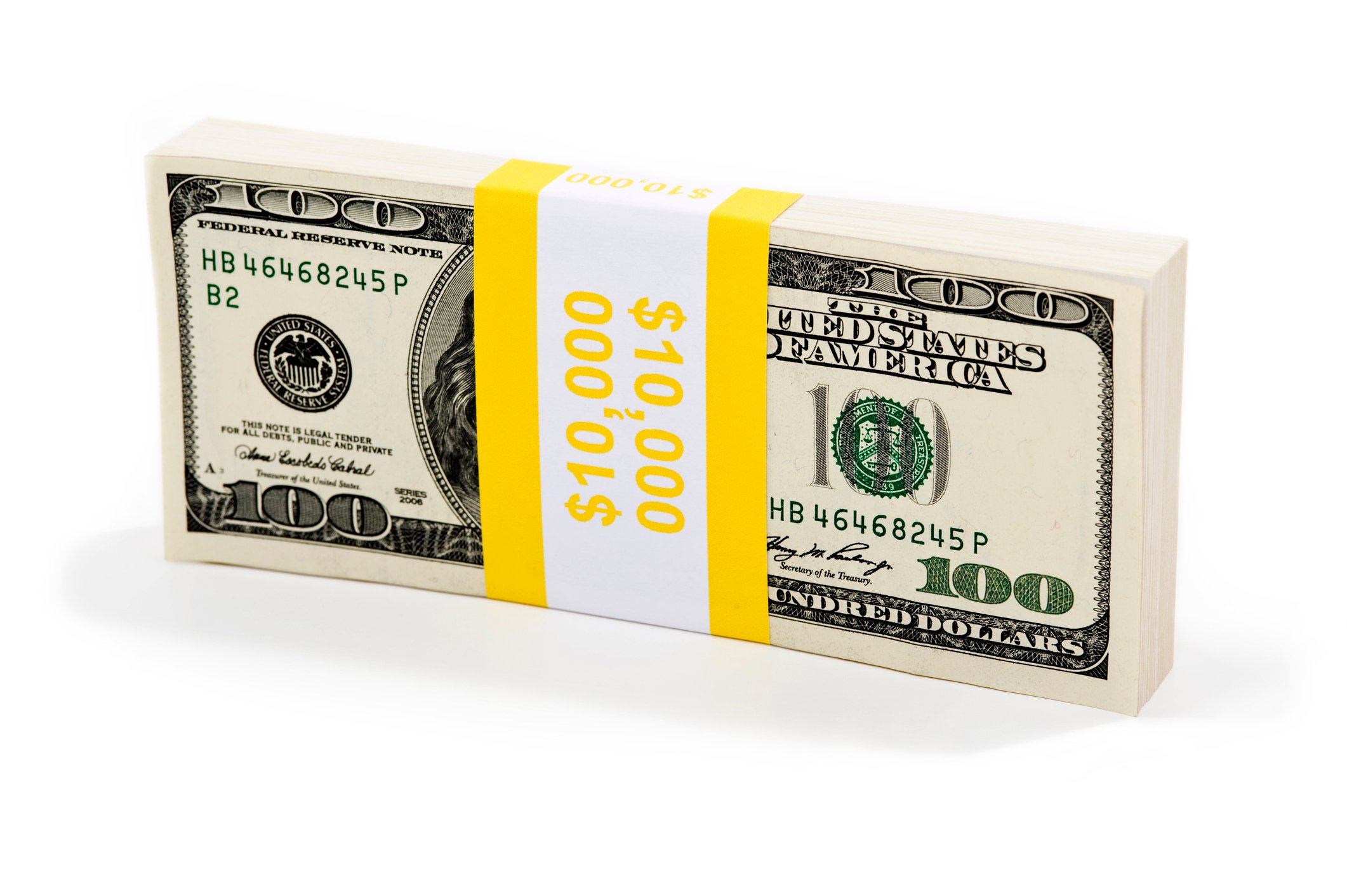Stack of $100 bills wrapped in a $10,000 wrapper