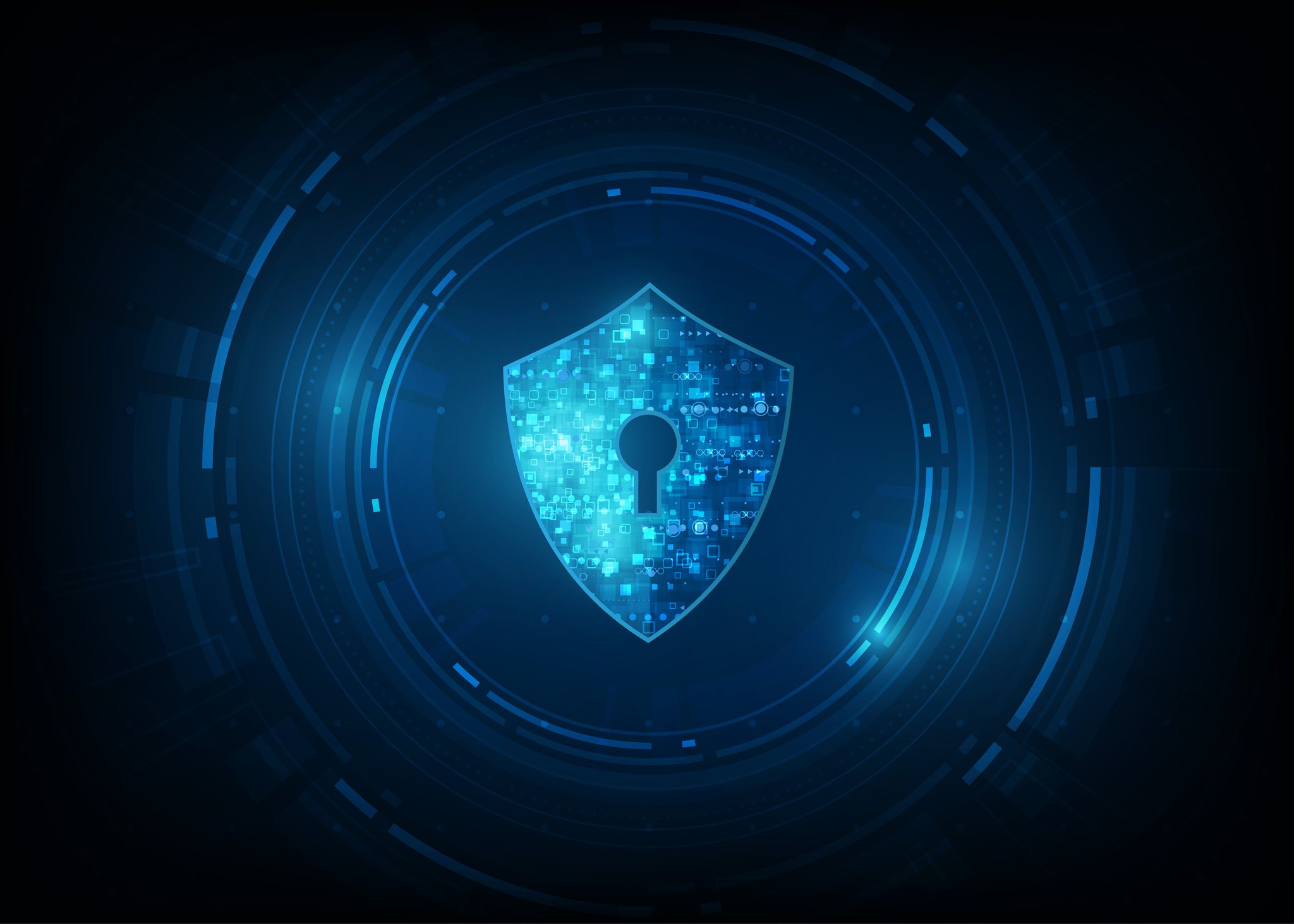 A digital shield around a key hole. 