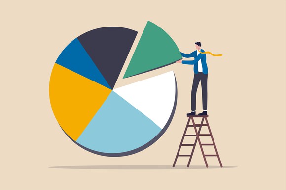 Man in suit on ladder sliding final piece of  pie chart into place