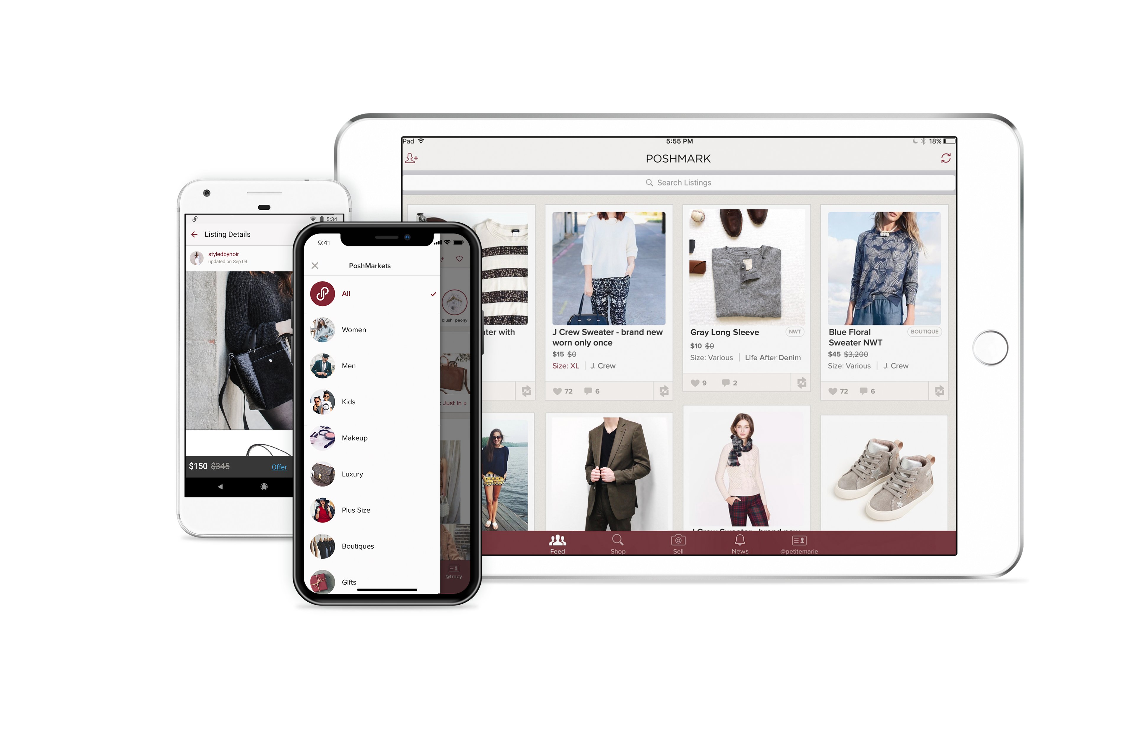 Poshmark app interface displayed on a tablet and two smartphones