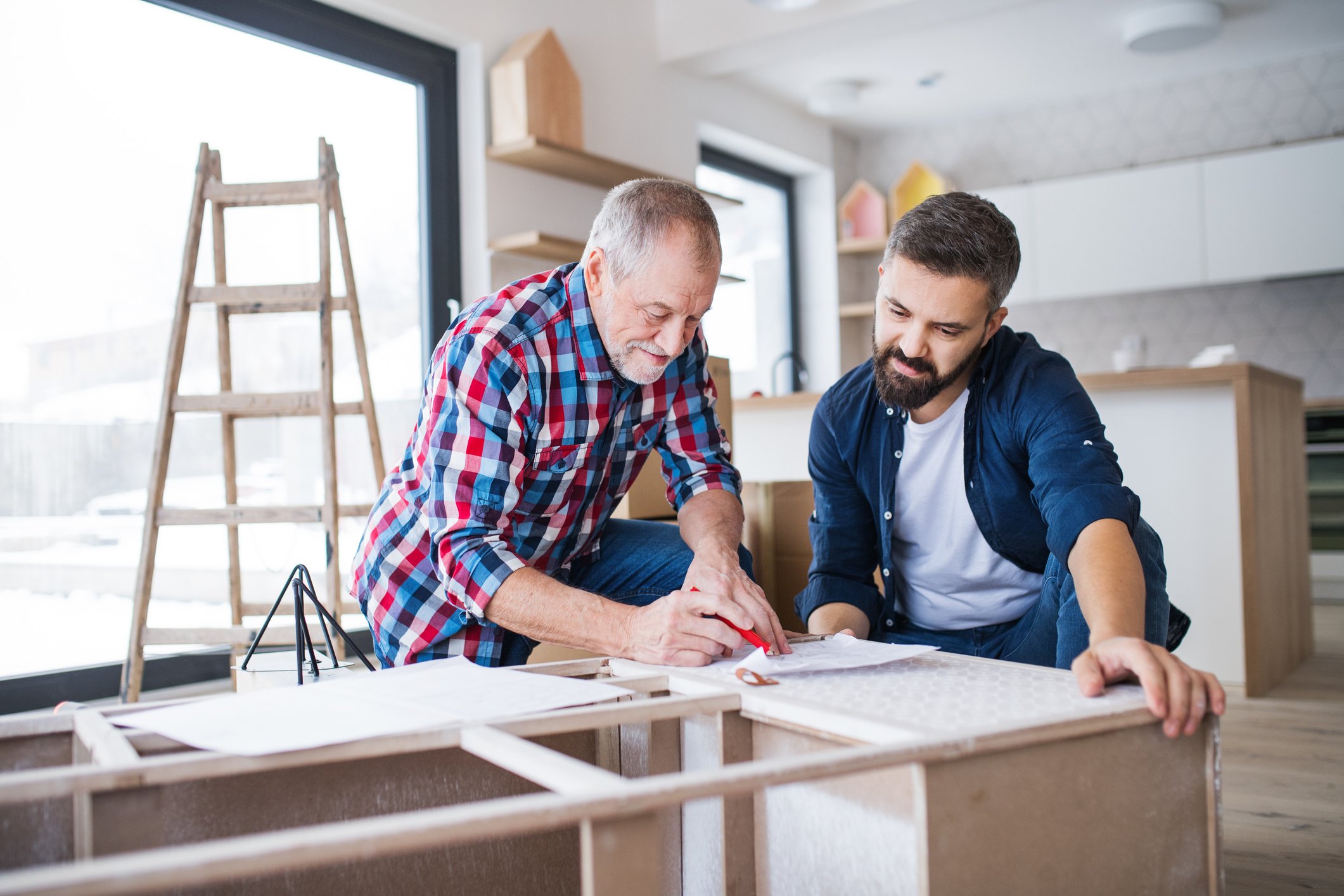 An older man and a younger man working on a home-improvement project.