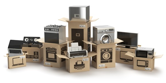 Boxes of consumer electronics and appliances.