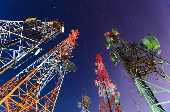 A ground view of telecom towers.