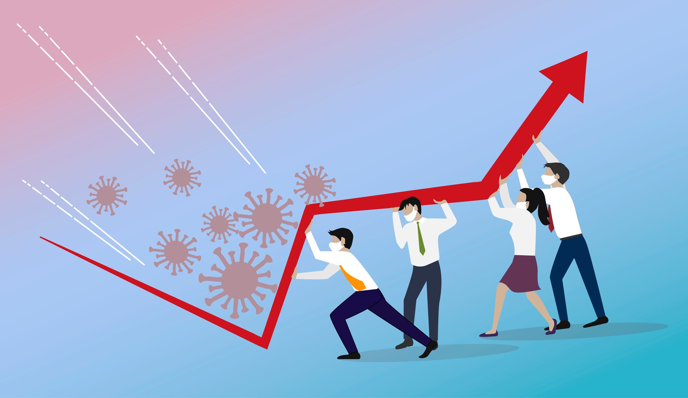 Four cartoon people holding upward red arrow to block coronavirus germs 