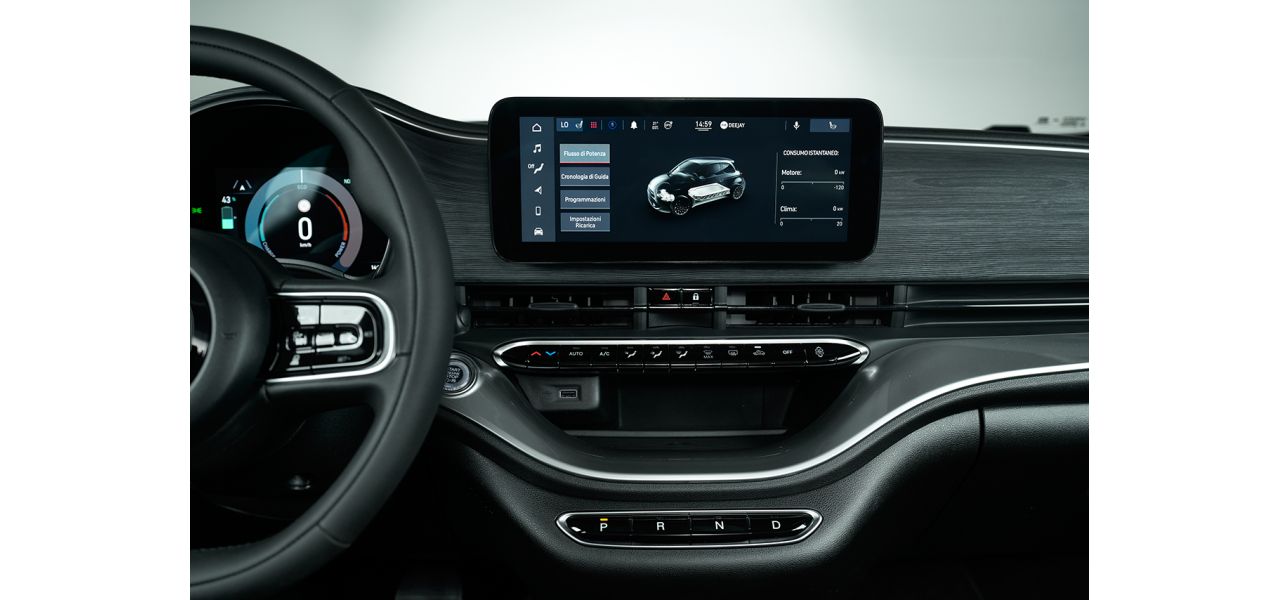 A Fiat 500's dash, showing the multimedia system's touchscreen.
