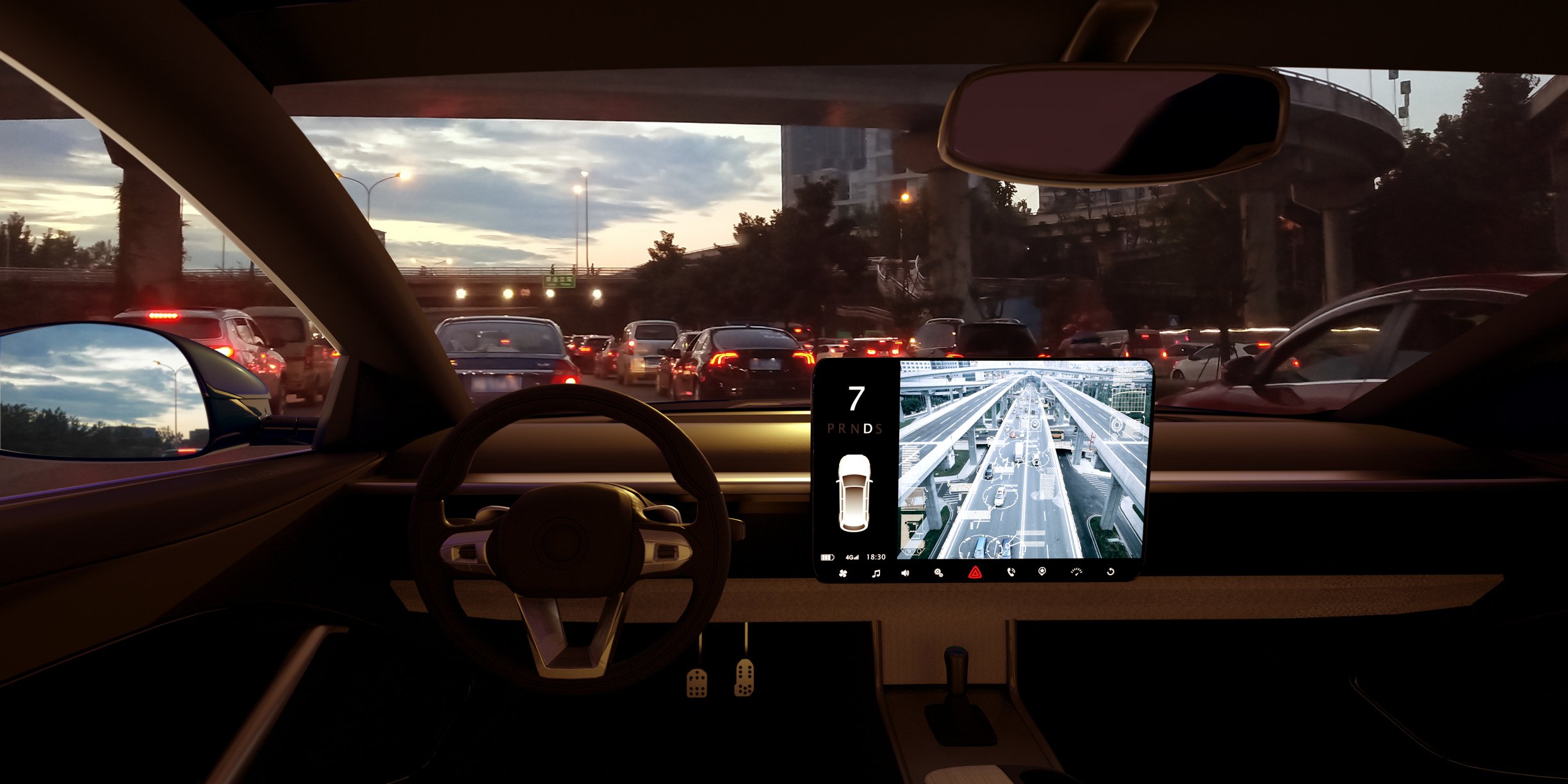 An autonomous car, as seen at dusk from its interior.