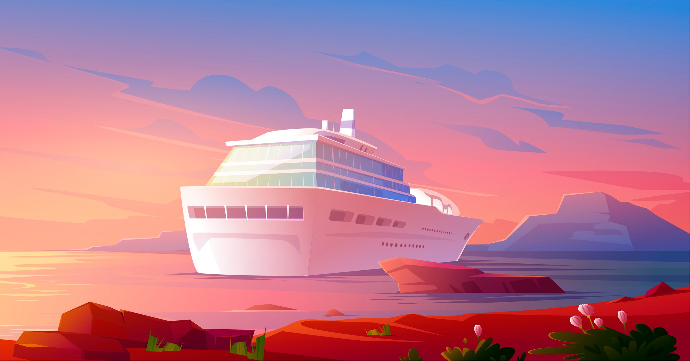 Cartoon painting of a cruise ship. 