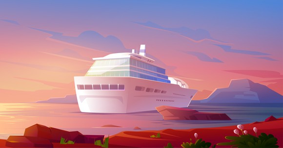Cartoon painting of a cruise ship. 