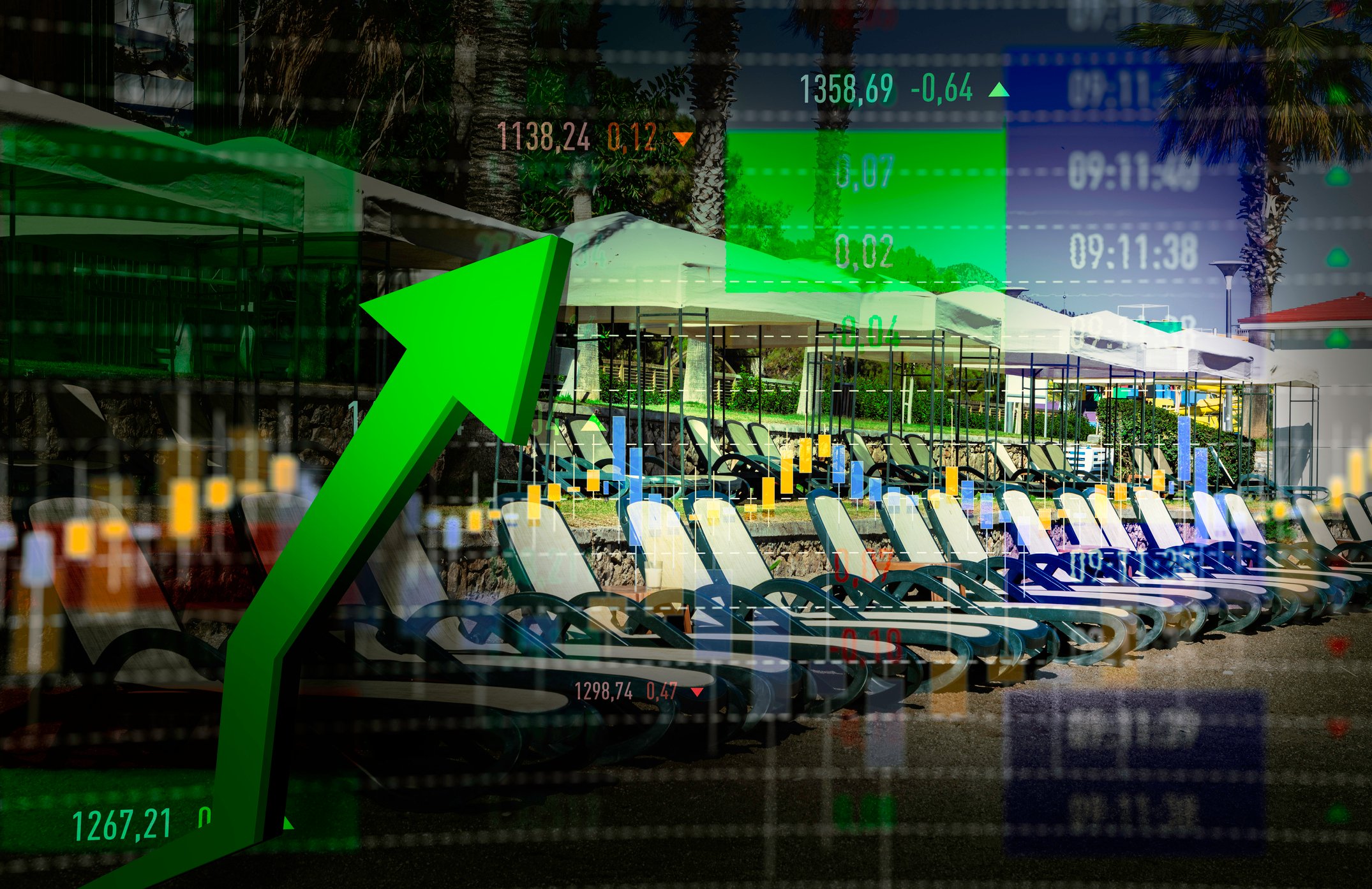 A rising stock chart arrow superimposed over reclining seats with umbrellas at a vacation spot.