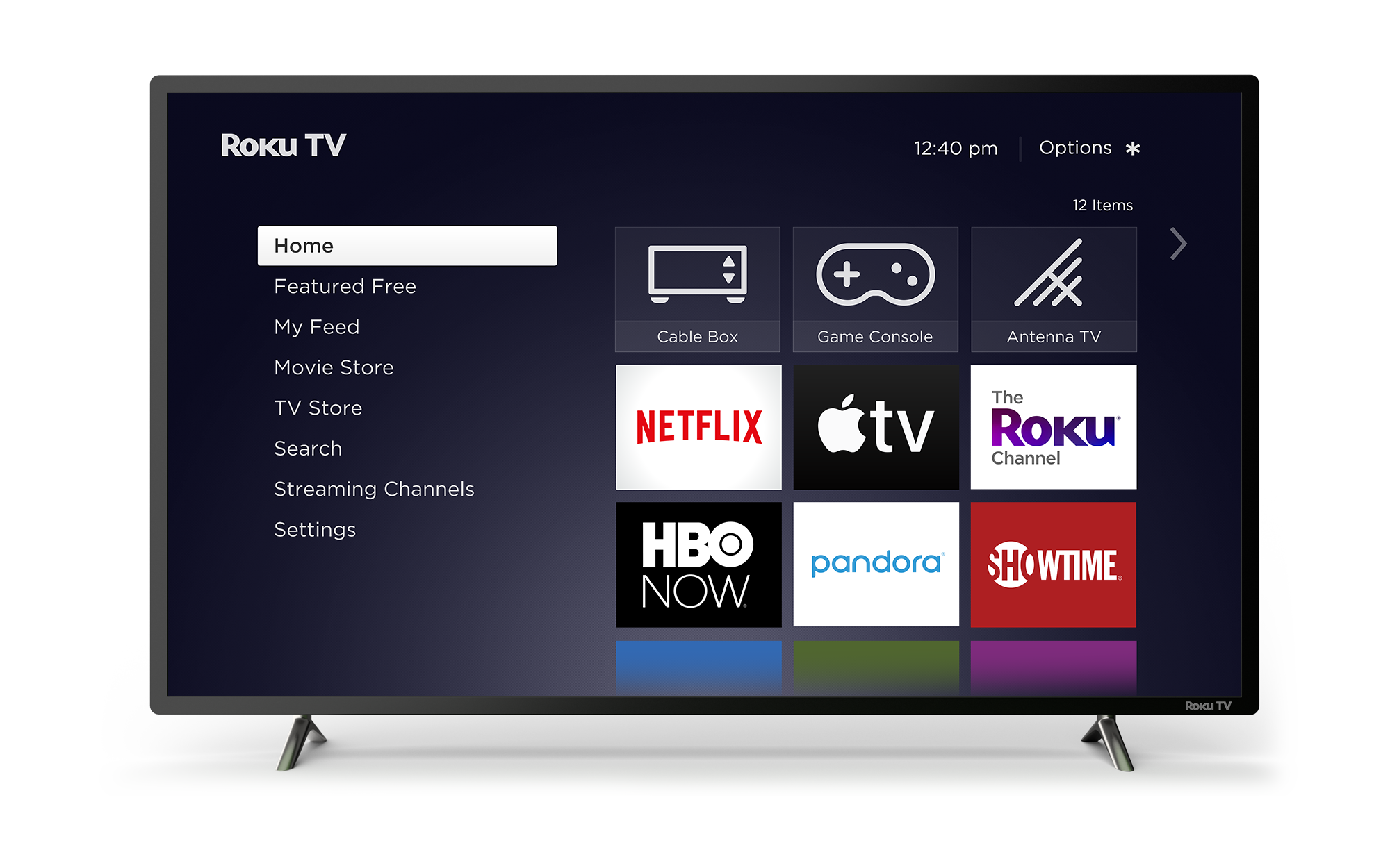 A TV displaying the Roku interface